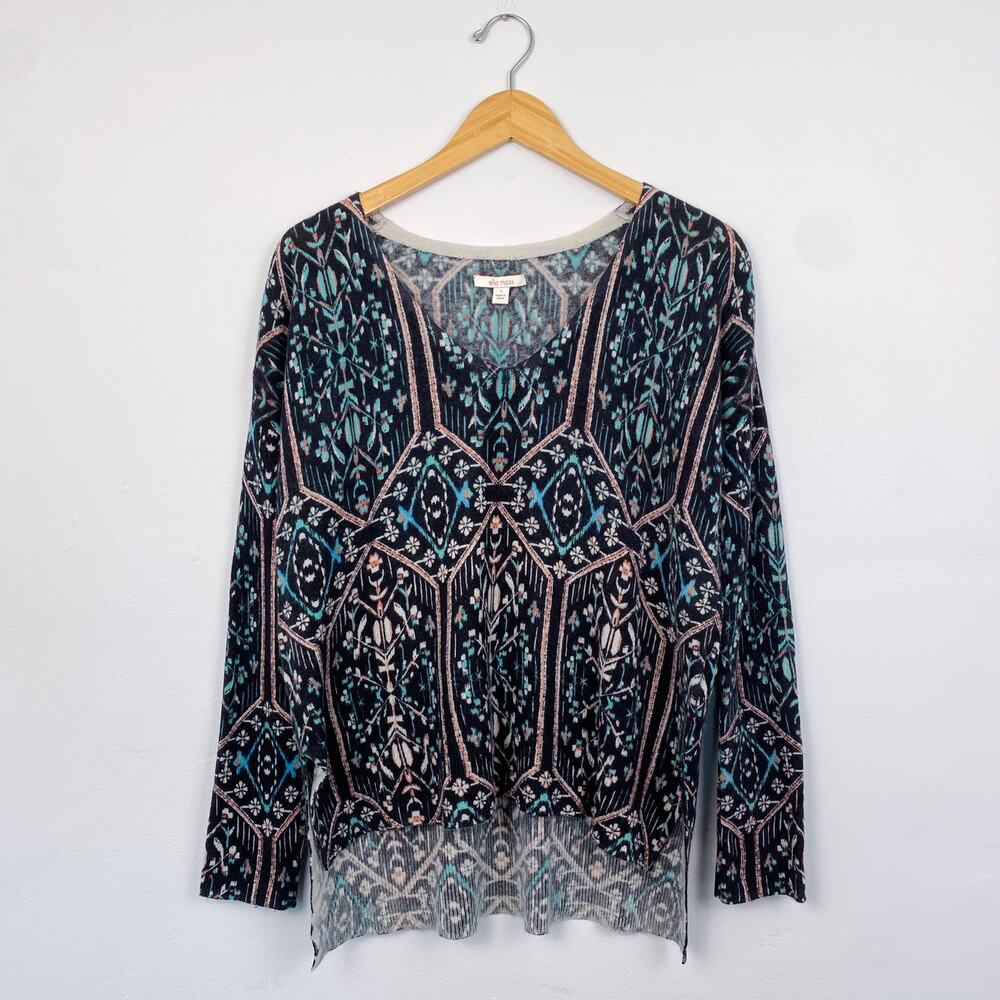 Ella Moss Wool Cashmere Geometric Print Scoop Neck Sweater Small